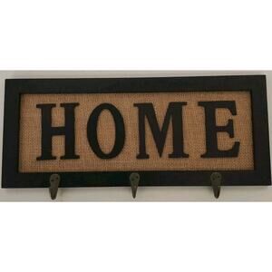 Home Sign w/Hooks Wood Burlap Keys Rustic Farmhouse Country Boho Western Garage